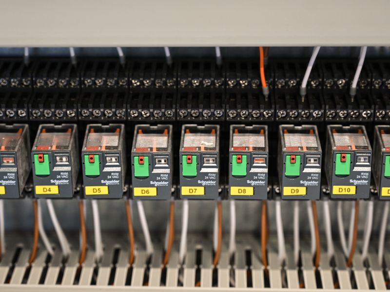 Close-up of relays and wiring inside an industrial electrical panel